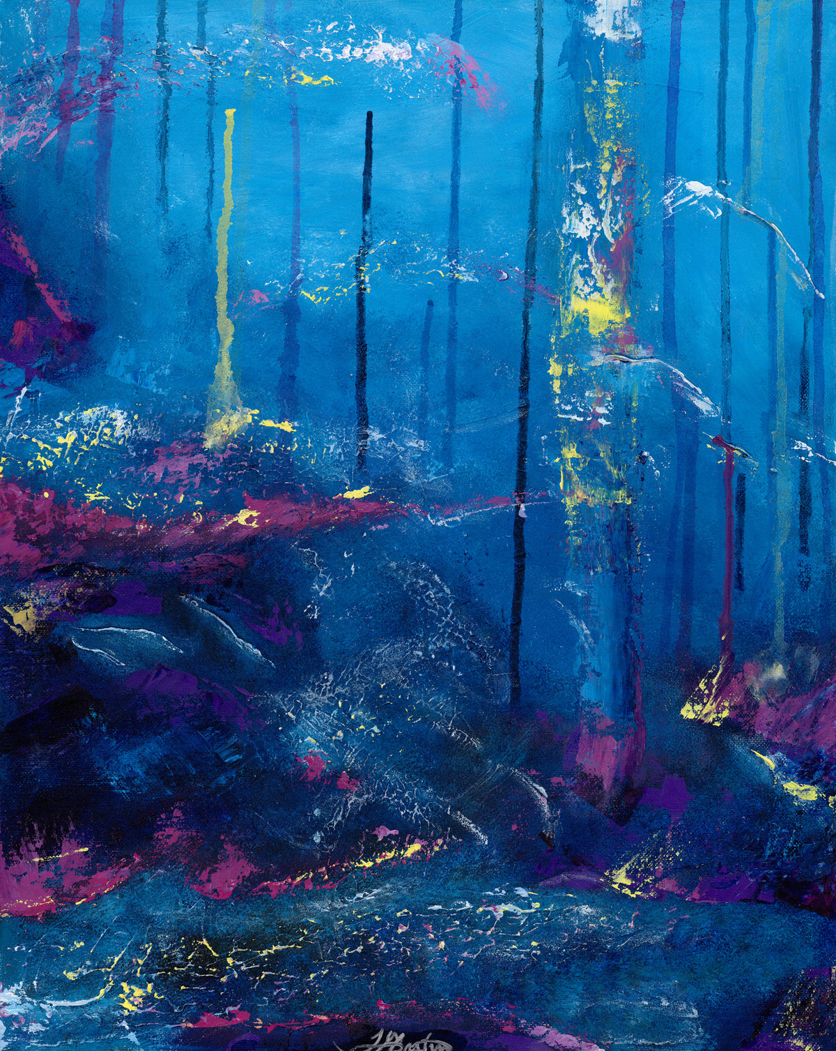 Abstract painting with blue, purple, and yellow colors alluding to an underwater ocean landscape of coral reef.