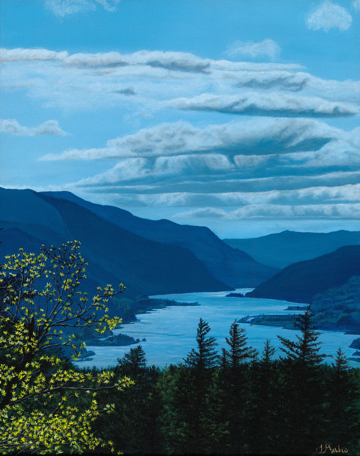 Scenic hilltop view painting overlooking the Columbia River Gorge. Realistic landscape artwork with blue distant mountains, clouds and a pop of yellow from a tree.