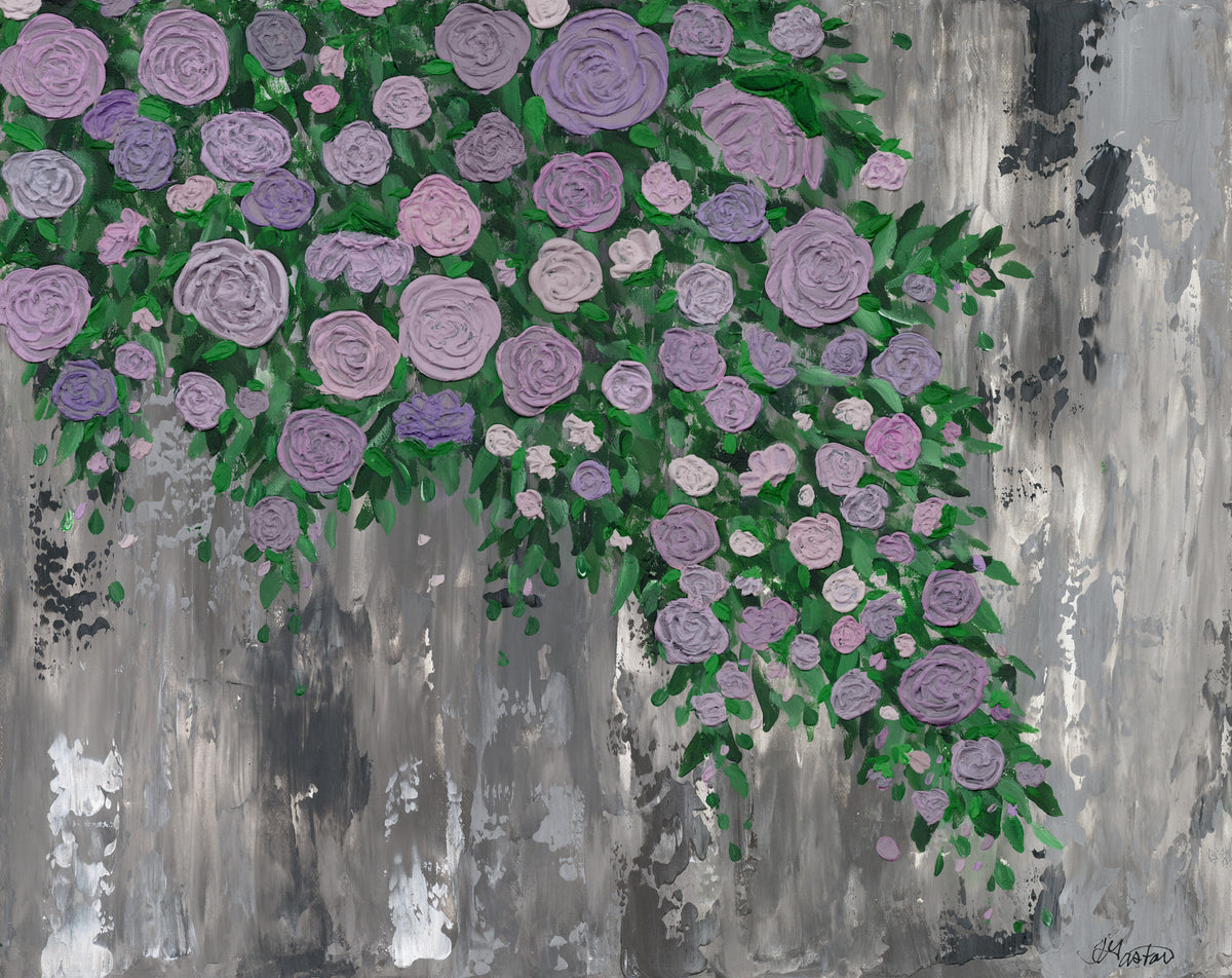 Artistic depiction of purple roses and green leaves on a textured gray background reminiscent of a rain washed window pane. Using Impasto technique the flowers are 3-D and give lift and life off the 2-D canvas.