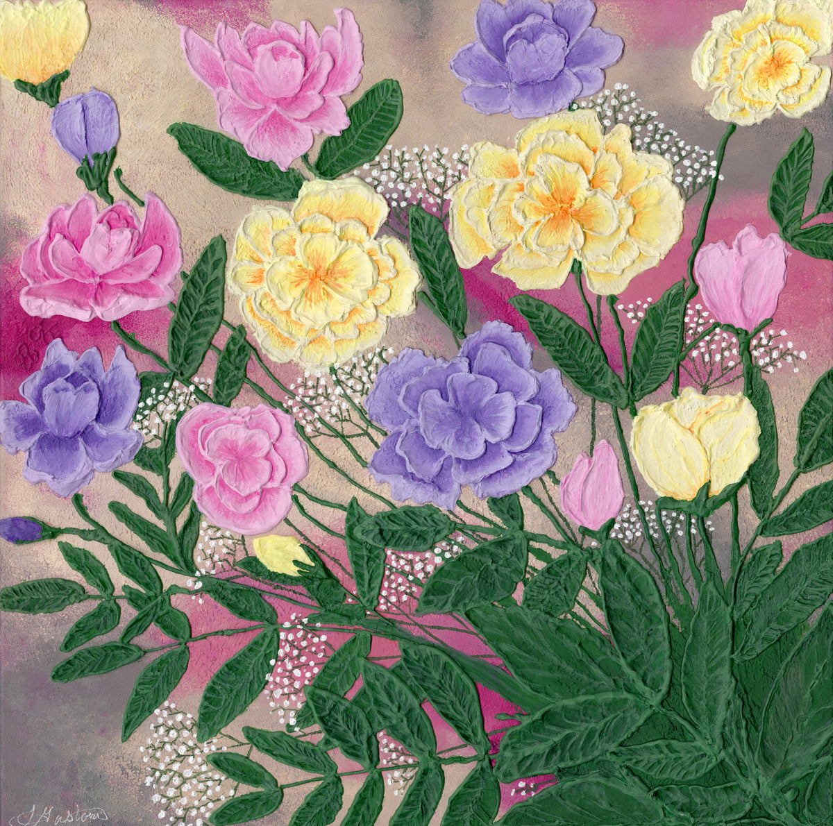 Colorful pink, blue, and yellow peonies sculpted with molding paste. Original Painting with texture that gives a 3-D effect lift of the flowers off the Canvas.
