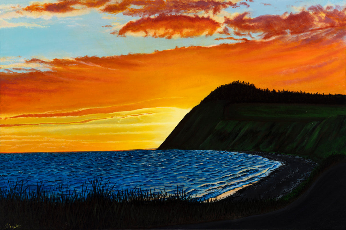 Painting of a sunset over a coastal landscape with a cliff and water. This Acrylic artwork features a dramatic sunset of orange, red, and yellow hued clouds. The blue, white capped rolling ocean waves below with the green plateau give a striking focal point against the vivid colored sunset.