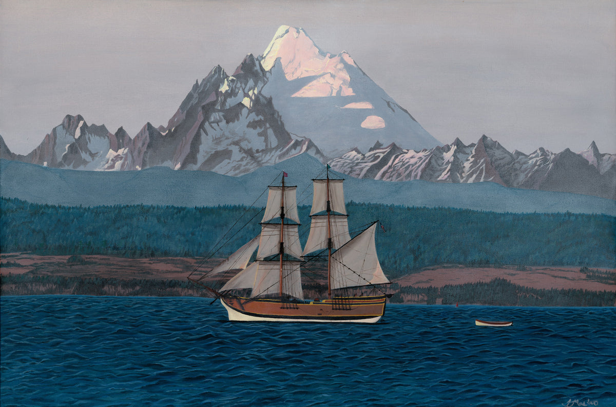 Painting of the Lady Washington ship on rolling ocean waves. The snowcapped mountain peak of Mt. Baker towering in the background with fogged Camano Island viewed from Port Townsend, WA.