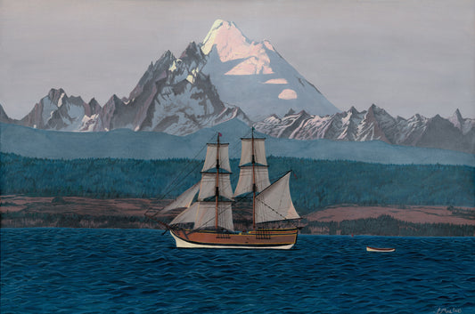 Painting of the Lady Washington ship on rolling ocean waves. The snowcapped mountain peak of Mt. Baker towering in the background with fogged Camano Island viewed from Port Townsend, WA.