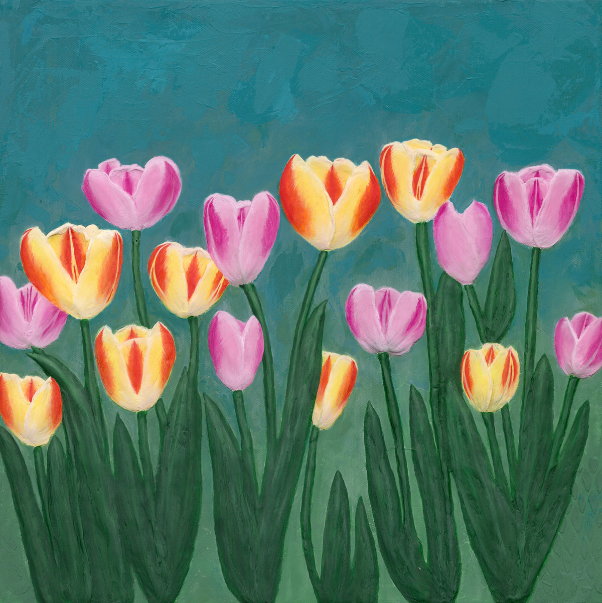 Painting of colorful bright orange and pink tulips on a teal textured background. The molding paste makes the flowers look like they're growing right off the canvas.