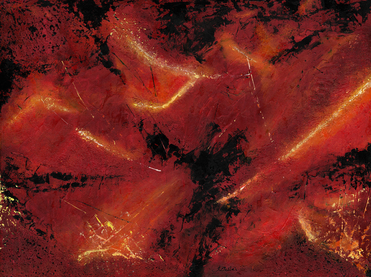 Abstract art with red, orange, and black colors on a dark background. Highly textured painting gives a feeling of heat akin to flowing lava and fire.