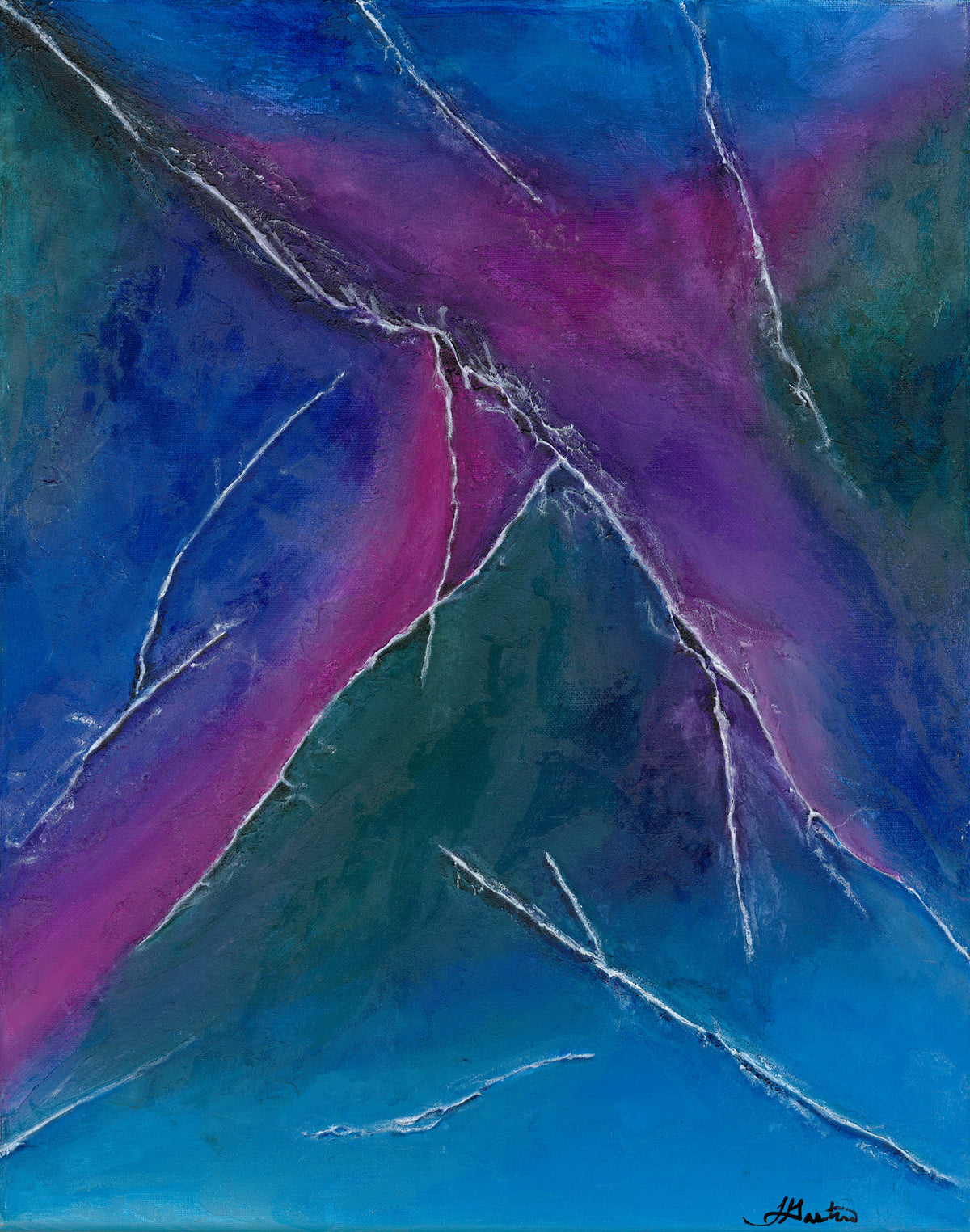 Simple but strikingly powerful abstract art depicting a jagged mountain peak.  Lightning striking across the pink, blue, purple mix of color evoking emotion.
