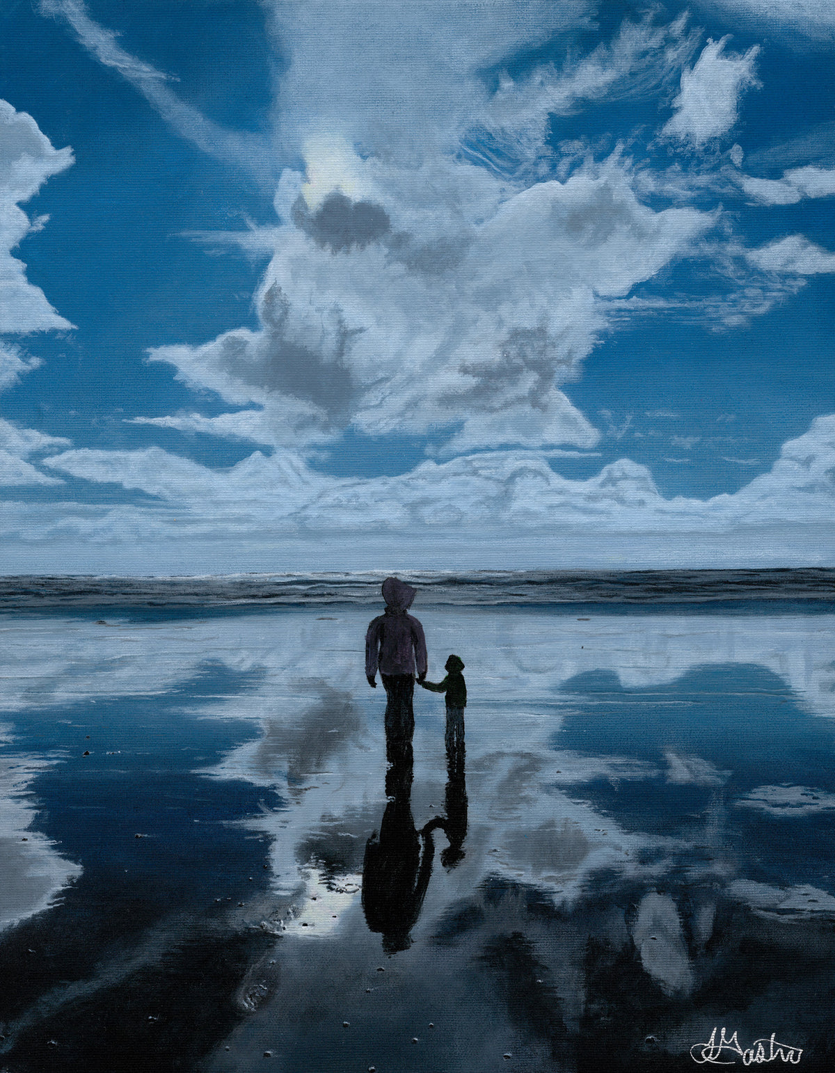 An adult and child holding hands on the reflective water surface of Ocean Shores beach. Gazing at the horizon with the rolling waves at a distant from the and a large cloud formation in the sky.