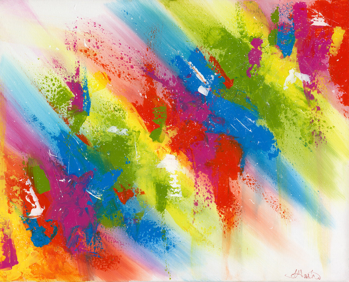 Abstract painting with vibrant colors and dynamic brush strokes. How the colors of the rainbow are splashed, dripped and dragged make for a fun bright composition on the canvas artwork.