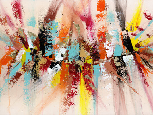 Abstract painting with southwestern colors., metallic leafing and texture. This abstract is an ode to native american culture dance and dress.