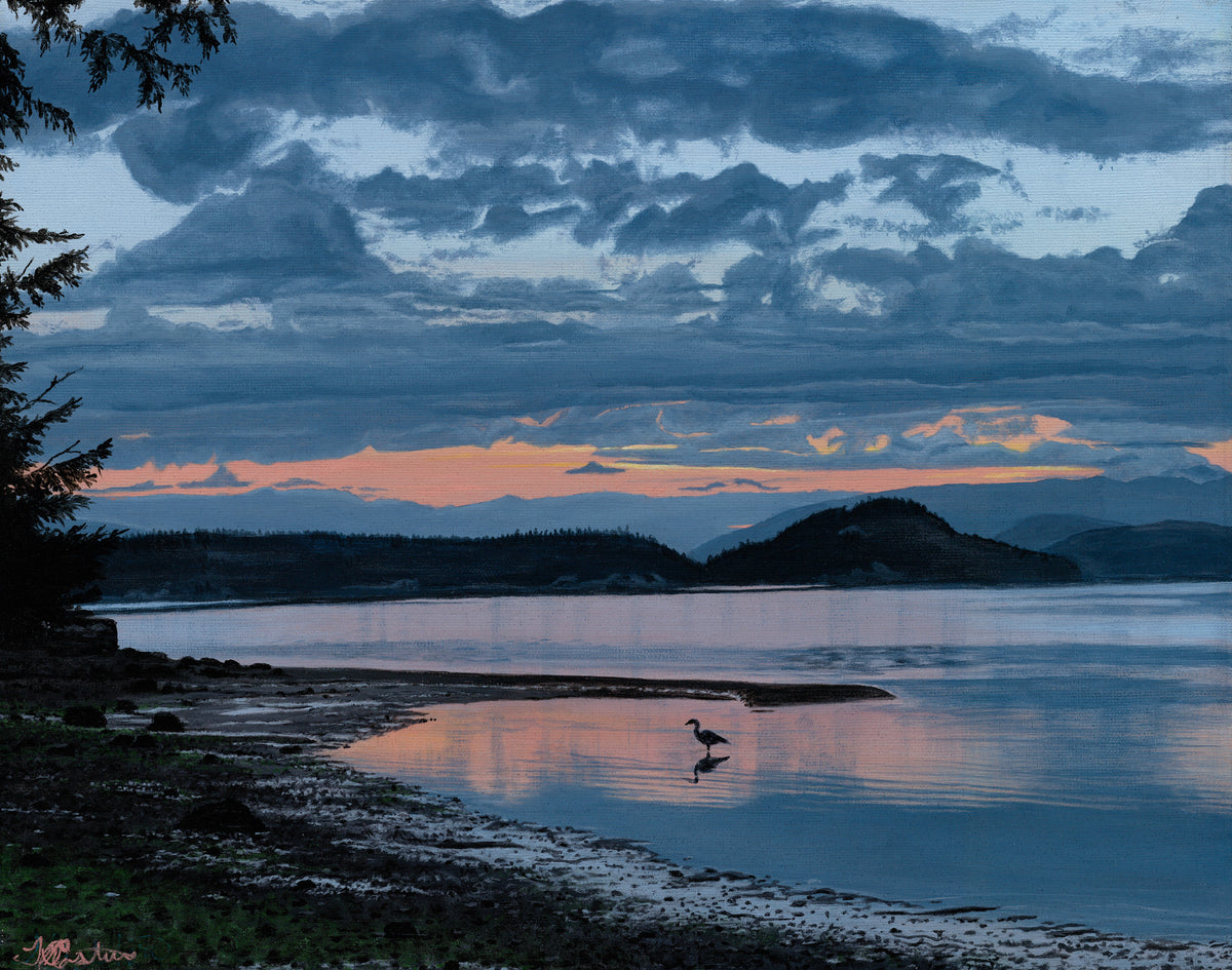 Acrylic on canvas painting. Scenic view of west beach, Whidbey Island, depicting the serene calmness of the beach with a bird.  The out going tide reflects the majestic backdrop of the distant mountains, cloud formation and subtle sunset. This original work of art is painted in the style of realism with a near photographic quality.