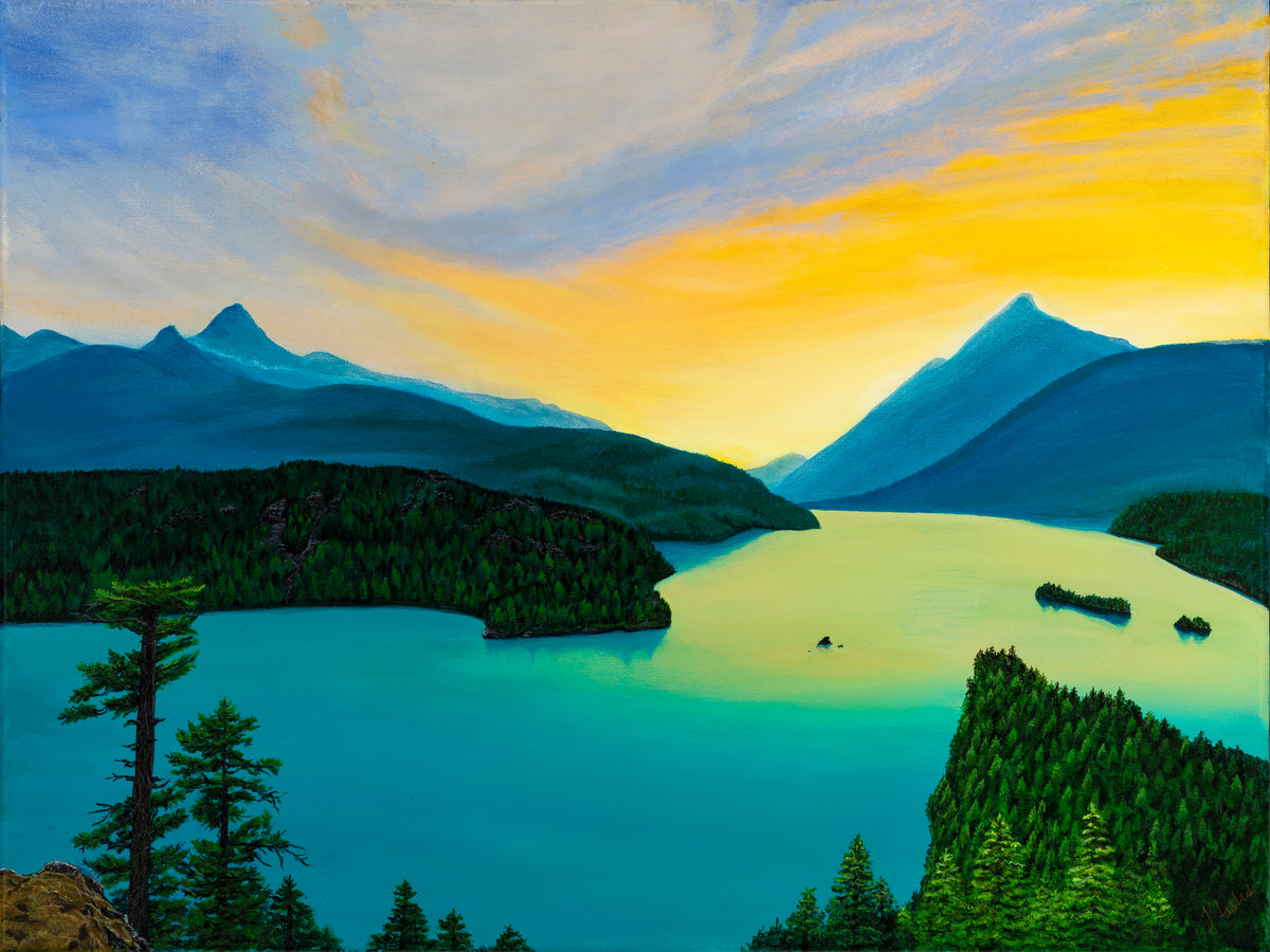 Landscape artwork of Diablo Lake Overlook with a pastel-colored water, mountains, and sky.  This painting gives a surreal ambiance to this iconic and gorgeous location in the North Cascade Mountains. 