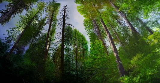 Forest through the trees. wide lens view looking from the forest floor up towards the sky. Artwork with using exquisite shadows, highlights and fine detail.