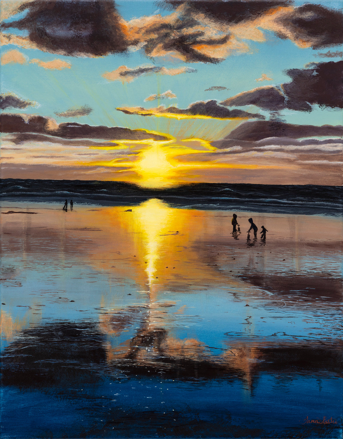 Sunset over the horizon at the beach in Ocean Shores, WA.  A family is digging clams on the fresh outgoing tide sand. The mirror reflection of the glowing sun and silhouetted clouds project off shallow watered beach landscape. The detail hand painted on this canvas is very detailed with a photographic quality.