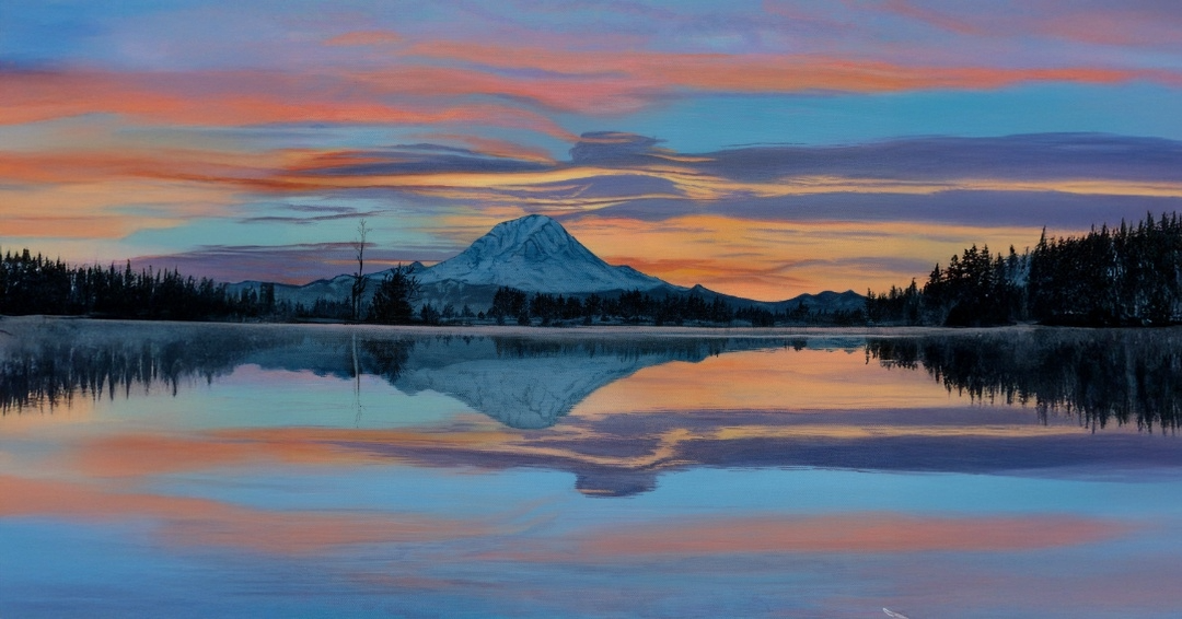 A landscape painting of Mt. Rainier reflecting off a lake. Wispy orange, purple, and pink clouds stretch across the horizon with the glow of sun dipping behind the horizon. A darkened tree line creates a striking contrast with pastel colored clouds and reflection.