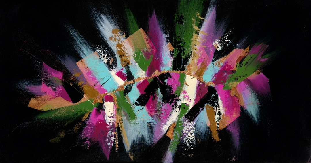 Abstract artwork with vibrant colors on a black background. The artwork is enhanced with metallic leafing. This painting has a design of light blue, pink, purple, and green colors created with a pallet knife. The image gives a sense of amazon, head dress, royalty.