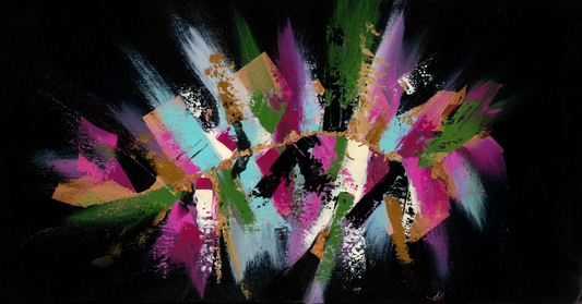Abstract artwork with vibrant colors on a black background. The artwork is enhanced with metallic leafing. This painting has a design of light blue, pink, purple, and green colors created with a pallet knife. The image gives a sense of amazon, head dress, royalty.